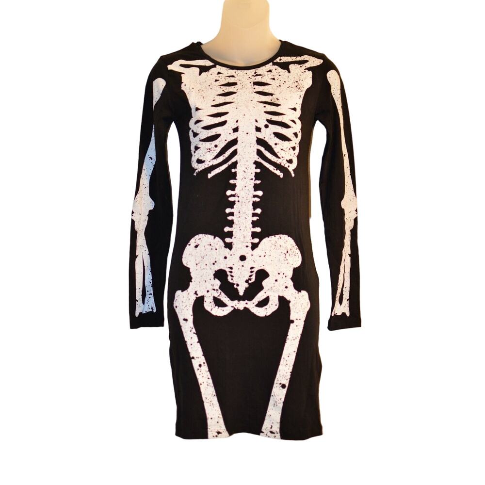 Topshop US 4 Skeleton Mini Dress Black White Halloween Goth Party Long Sleeve